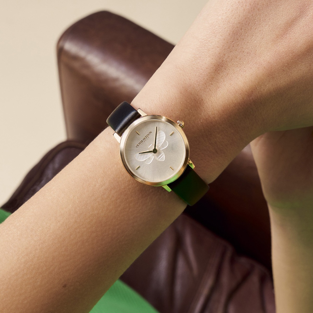 Olivia Burton Bee Ultra Slim Gold and Black Leather Strap Watch