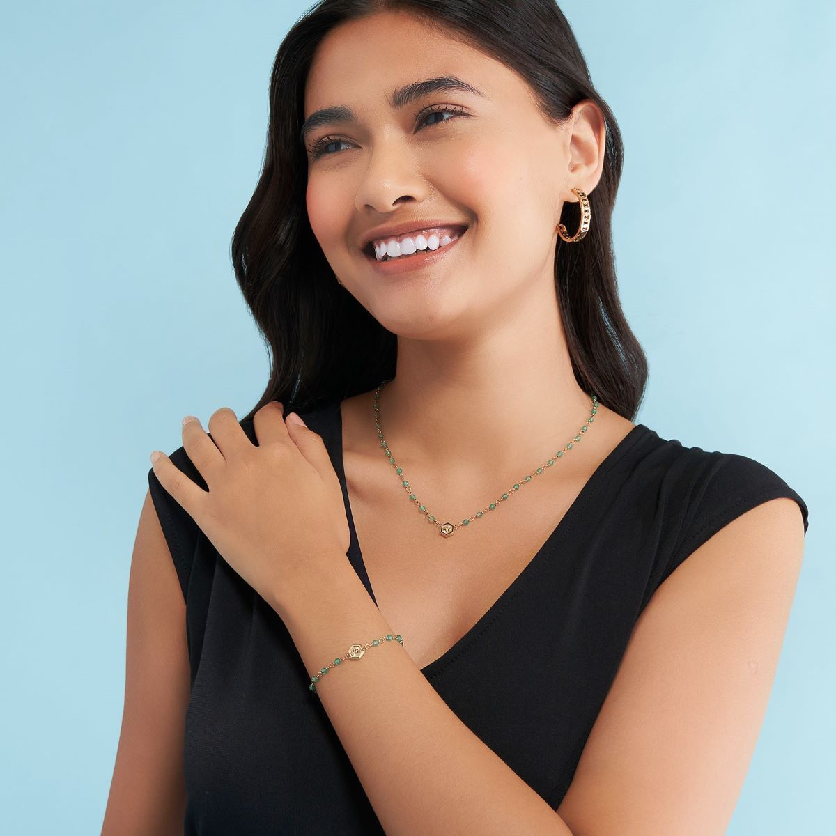 Olivia Burton Minima Bee Green and Gold Plated Beaded Charm Necklace - 24100172