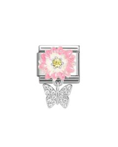 Nomination Silver Pink Enamel Daisy with Zirconia Butterfly Drop Charm. Item Code 331814/08