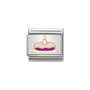 Nomination Classic Gold Pink Enamel Birthday Cake with Candle Charm