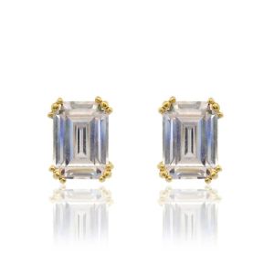 Georgini Elegant Essentials 7mm Emerald Cut Hidden Halo Gold Stud Earrings. Item code IE1211G.
