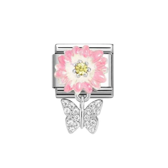 Nomination Silver Pink Enamel Daisy with Zirconia Butterfly Drop Charm. Item Code 331814/08