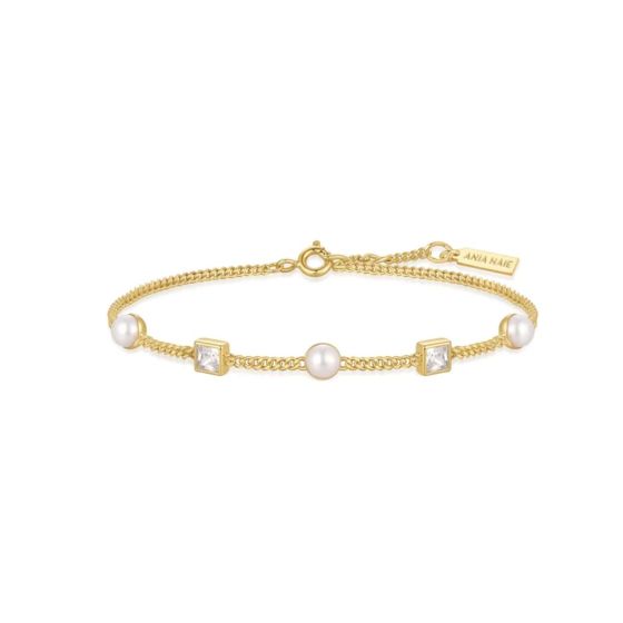 Ania Haie Bezel-Set Cube And Pearl Gold Station Bracelet. Item code B069-02G.