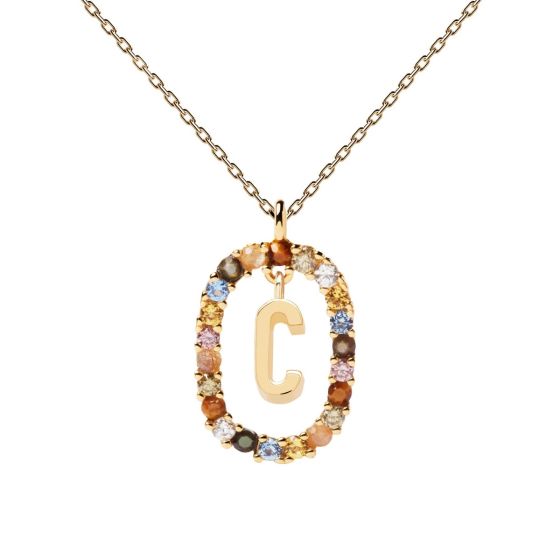 PDPaola Letter C Multicolour Gold Necklace. Item code CO01-262-U.