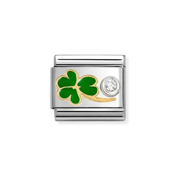 Nomination Classic Gold Green Enamel Clover and Zirconia Charm