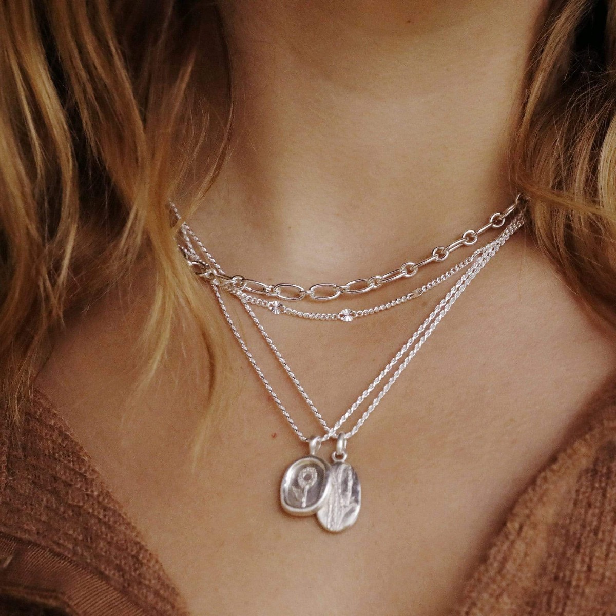 Daisy Stacked Linked Chain Necklace - Silver NB8008_SLV